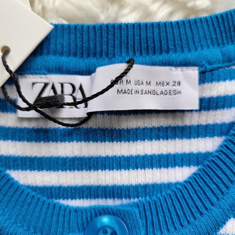 ZARA Cropped Blue Striped Sweater Knit Short Sleeve T-shirt Tee Top Size Medium - Picture 4 of 10